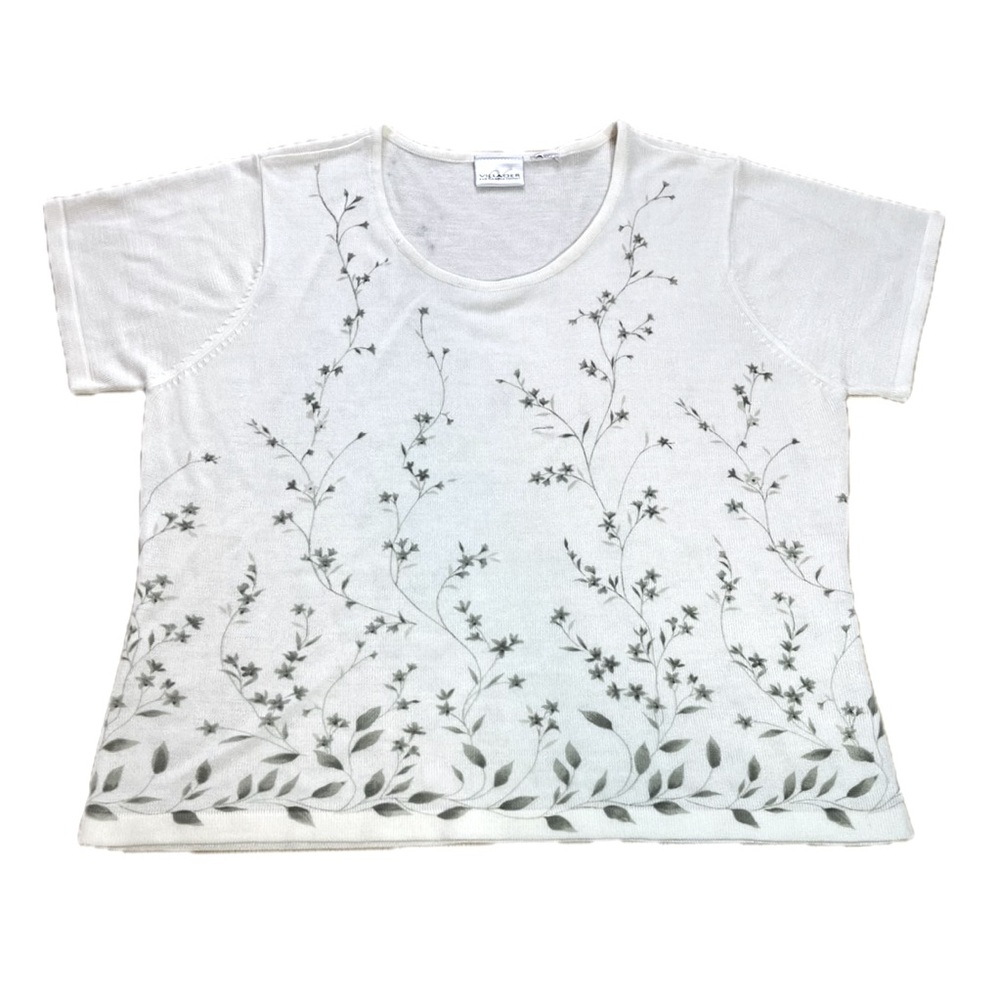 Vintage Liz Claiborne Villager White & Green Floral Leaf Print T-Shirt XL